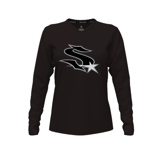 [CUS-DFW-TEES-CMF-VNK-LSL-BLK-FYXS-LOGO1] Comfort T-Shirt (Female Youth XS, Black, V Neck, Logo 1, Long Sleeve)