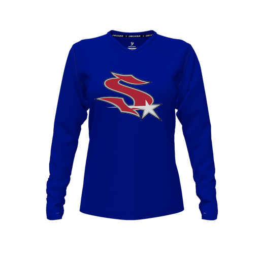 [CUS-DFW-TEES-CMF-VNK-LSL-RYL-FYXS-LOGO2] Comfort T-Shirt (Female Youth XS, Royal, V Neck, Logo 2, Long Sleeve)