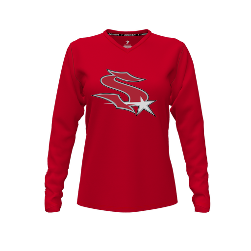 [CUS-DFW-TEES-CMF-VNK-LSL-RED-FYXS-LOGO2] Comfort T-Shirt (Female Youth XS, Red, V Neck, Logo 2, Long Sleeve)