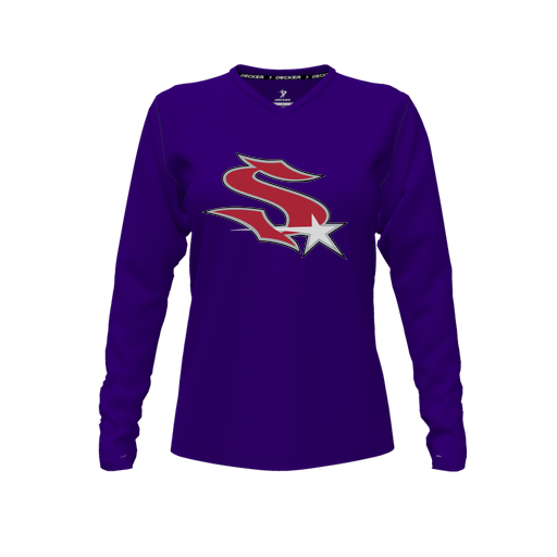 [CUS-DFW-TEES-CMF-VNK-LSL-PUR-FYXS-LOGO2] Decker Comfort T-Shirt (Female Youth XS, Purple, V Neck, Logo 2, Long Sleeve)