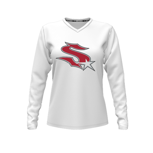 [FTLVPTWH-FYXS-LOGO2] Decker Performance T-Shirt (Female Youth XS, White, V Neck, Logo 2, Long Sleeve)