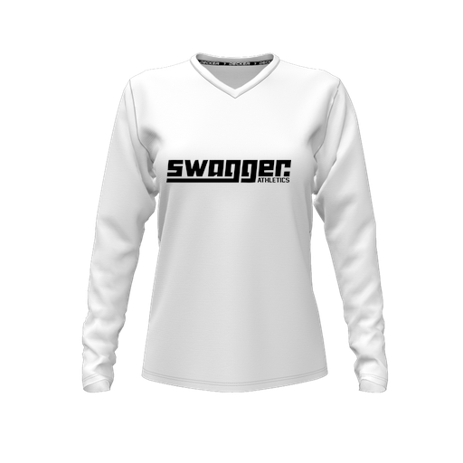 [CUS-DFW-TEES-PER-VNK-LSL-WHT-FYXS-LOGO3] Performance T-Shirt (Female Youth XS, White, V Neck, Logo 3, Long Sleeve)