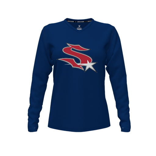 [CUS-DFW-TEES-PER-VNK-LSL-NVY-FYXS-LOGO2] Performance T-Shirt (Female Youth XS, Navy, V Neck, Logo 2, Long Sleeve)