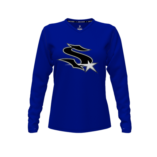 [CUS-DFW-TEES-PER-VNK-LSL-RYL-FYXS-LOGO1] Performance T-Shirt (Female Youth XS, Royal, V Neck, Logo 1, Long Sleeve)