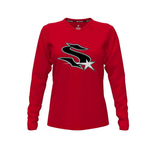 [CUS-DFW-TEES-PER-VNK-LSL-RED-FYXS-LOGO1] Performance T-Shirt (Female Youth XS, Red, V Neck, Logo 1, Long Sleeve)